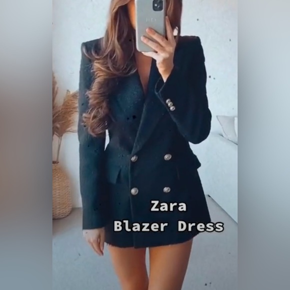 Zara Tweed Blazer Dress Jacket Suit Textured Black Gold Buttons Tailored M $119 - Picture 8 of 13